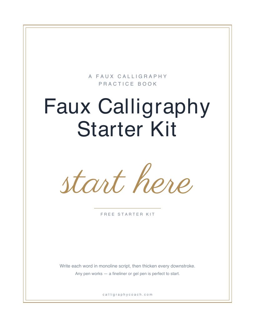 Cover of Faux Calligraphy Starter Kit: the title in navy over the phrase “start here” in gold script, inside a thin gold border.