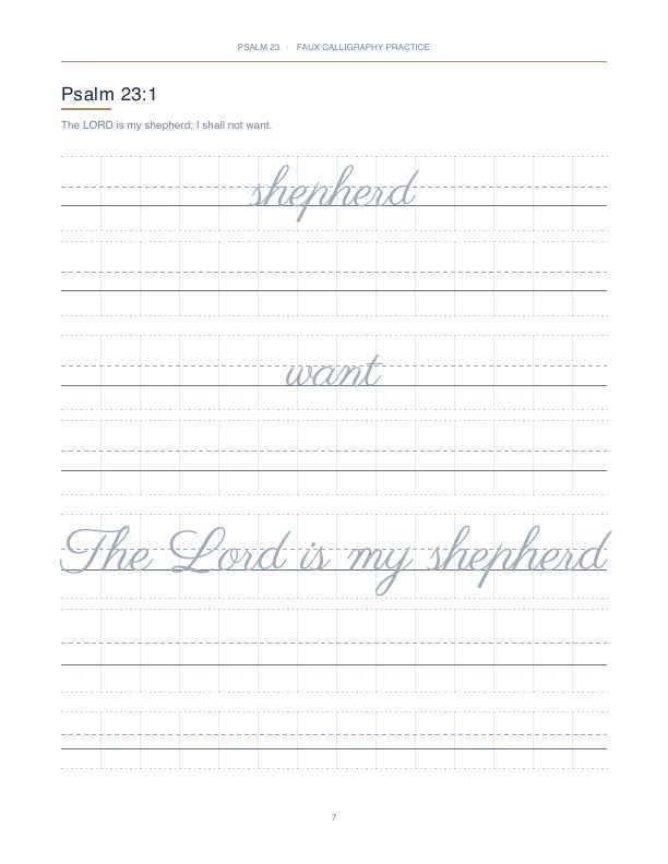 A real Calligraphy Coach worksheet with traceable letters and practice guidelines