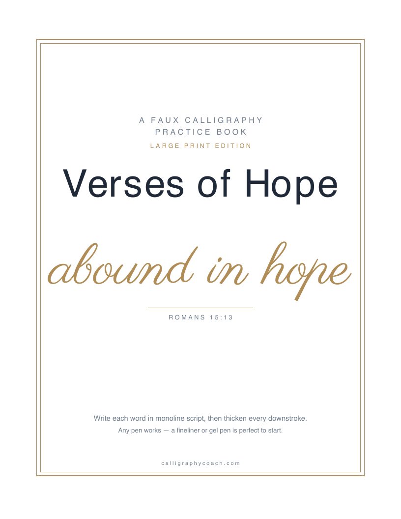 Cover of Verses of Hope, large print edition: the title in navy over the phrase “abound in hope” in gold script, inside a thin gold border.